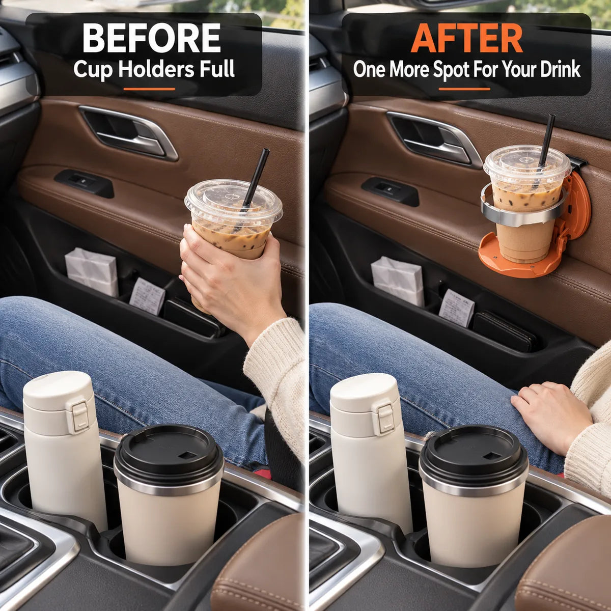 Before: passenger holds an extra iced coffee. After: the coffee has its own door-side holder