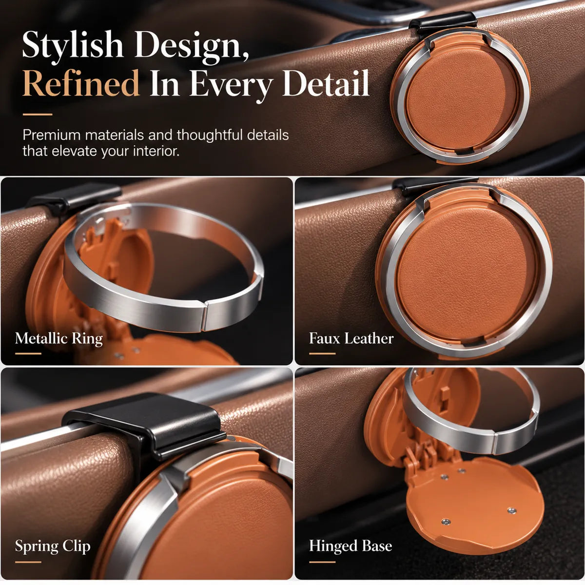 Detail views of the metallic-look ring, leather-look face, top clip and hinged base