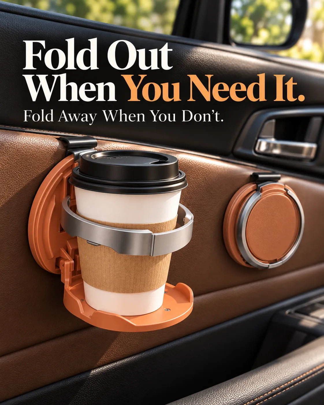 Folding cup holder open with coffee and closed flat against the door