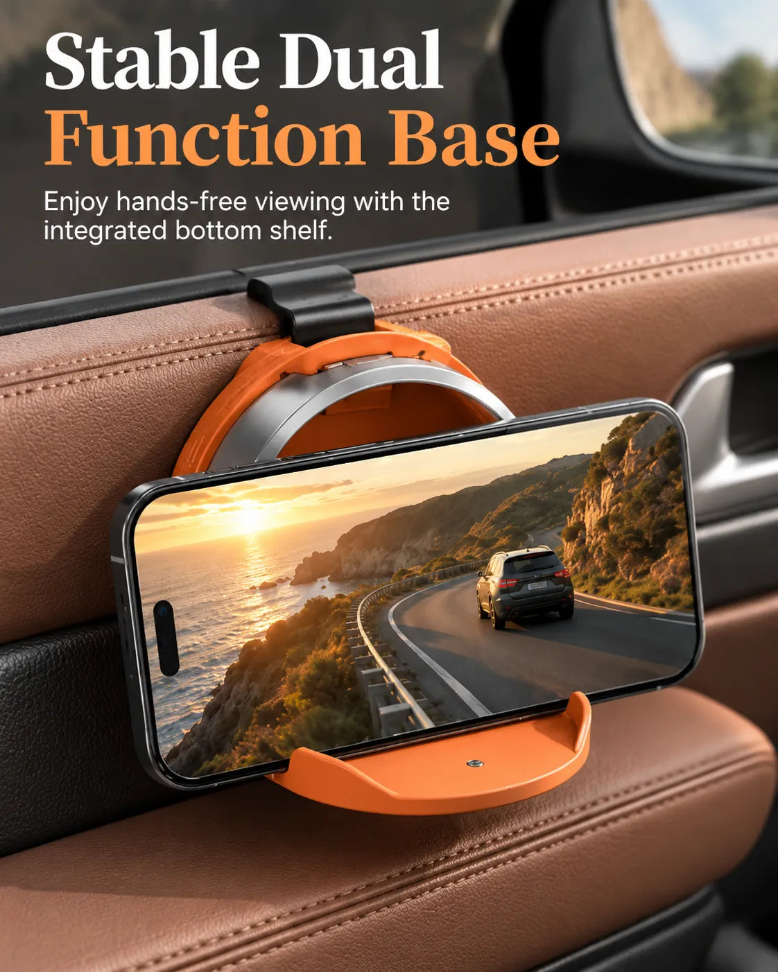 Phone resting horizontally on the fold-down base of the cup holder