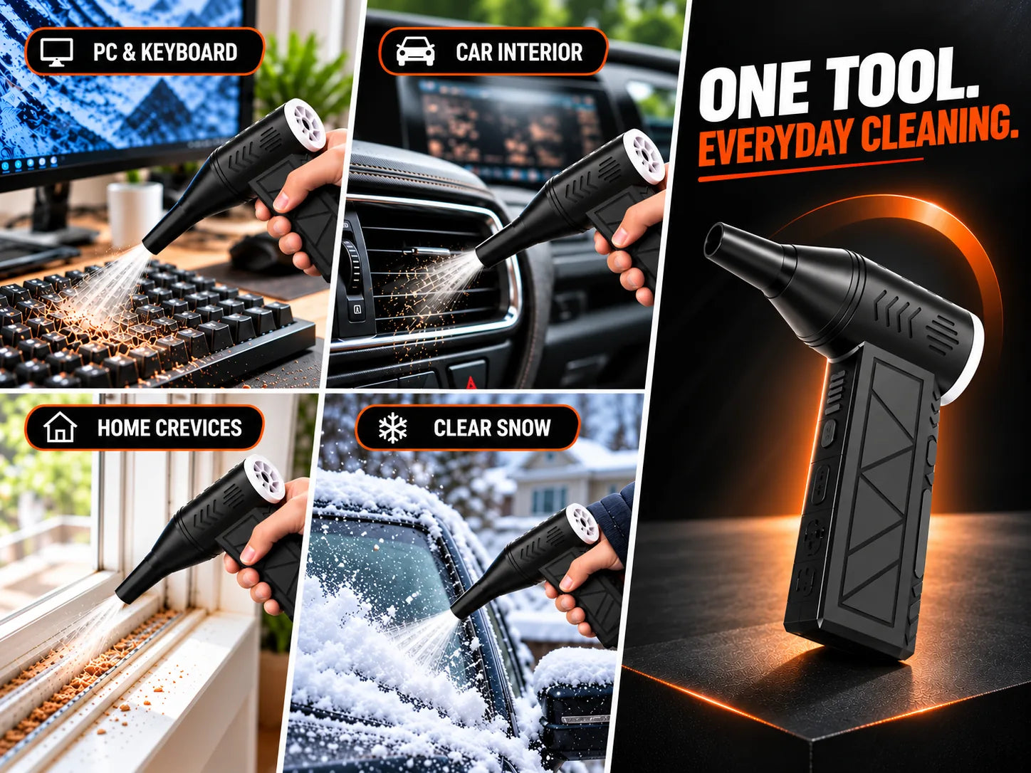 Cordless air duster used for a PC keyboard, car interior, home crevices, workshop, and fresh snow