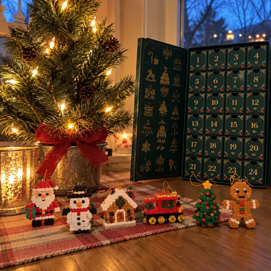 Full display of 24 festive mini brick ornaments