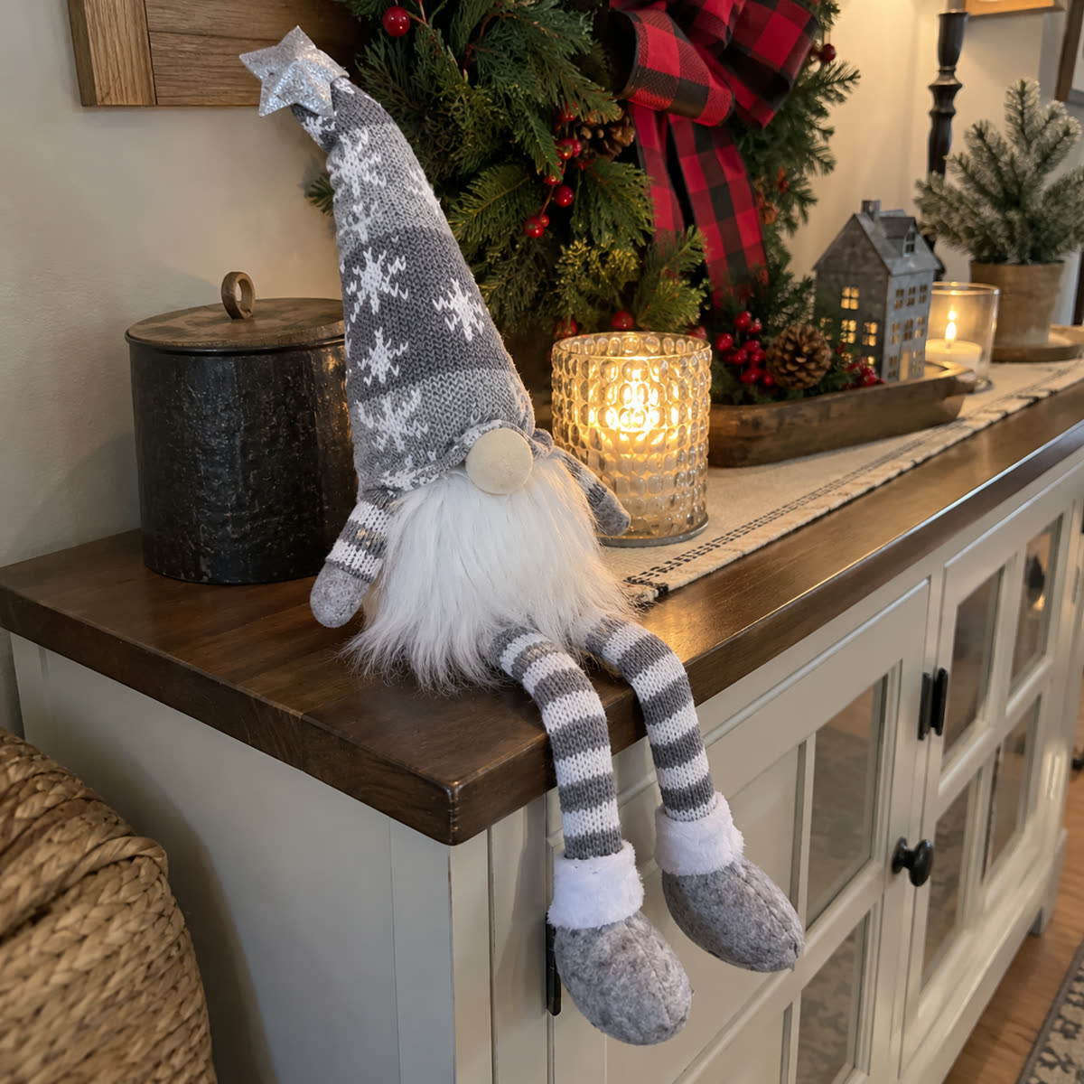 Customer photo of gray Christmas long leg doll on a sideboard
