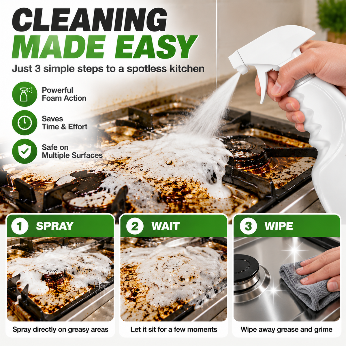 🔥LAST DAY 50% OFF ✨Heavy Duty Kitchen Degreaser Spray – Powerful Grease Remover For Stove, Oven, Cabinets & Multiple Surfaces