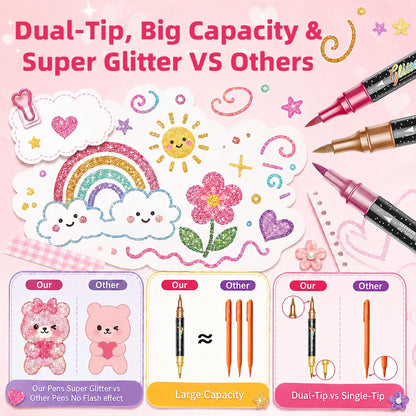 🎨Glitter Effect Brush Markers🥇✨: Create Sparkling Art Smoothly 🥳(🌈24-96 Colors | Smooth No Clog | No Bleed Through📝)