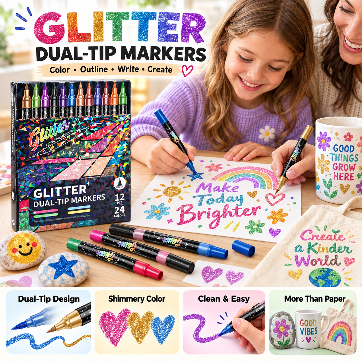 🔥LAST DAY 50% OFF 🎨Glitter Effect Brush Markers - Create Sparkling Artwork Easily(🌈24-96 Colors | Smooth No Clog | No Bleed Through📝)