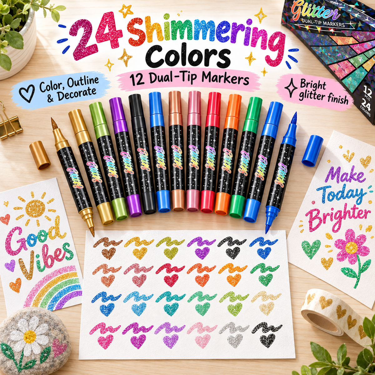 🔥LAST DAY 50% OFF 🎨Glitter Effect Brush Markers - Create Sparkling Artwork Easily(🌈24-96 Colors | Smooth No Clog | No Bleed Through📝)