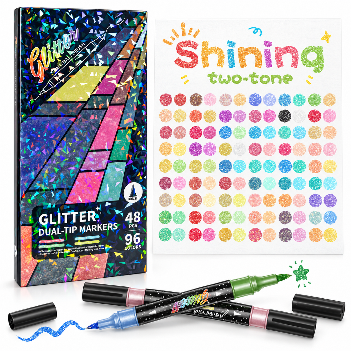 🔥LAST DAY 70% OFF 🎨Glitter Effect Brush Markers - Create Sparkling Artwork Easily(🌈24-96 Colors | Smooth No Clog | No Bleed Through📝)