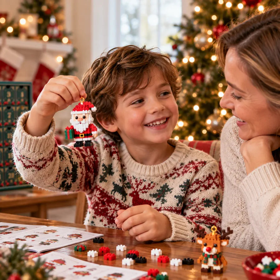 Gyerek büszkén tart egy elkészült Mikulás mini építőkocka díszt egy szülővel