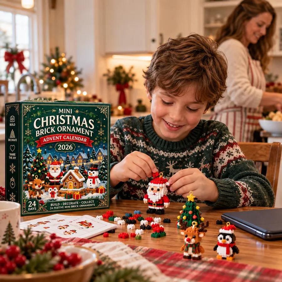 Child building mini Christmas bricks at the kitchen table with a tablet set aside