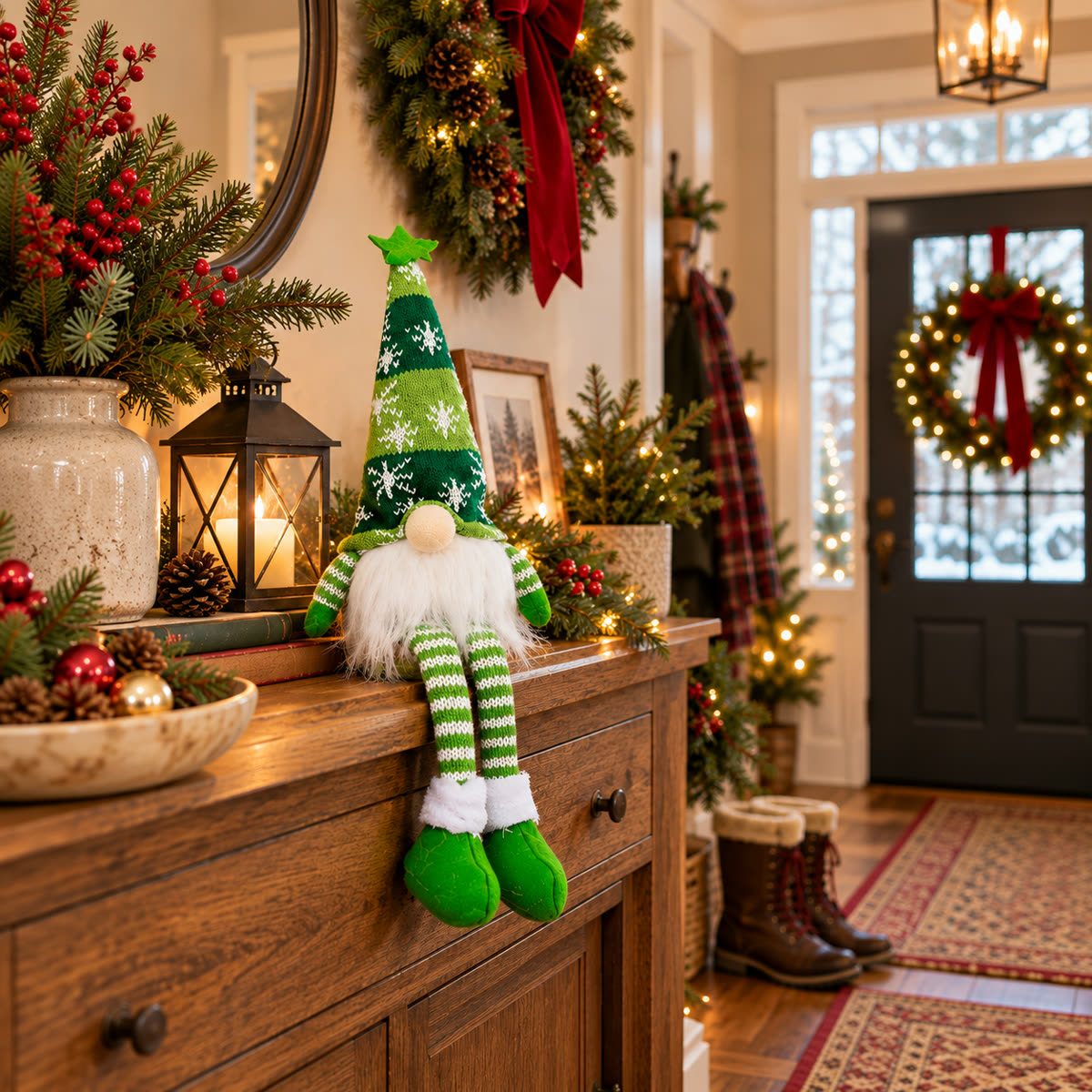 Green Christmas gnome doll on an entryway console with wreaths and warm lights