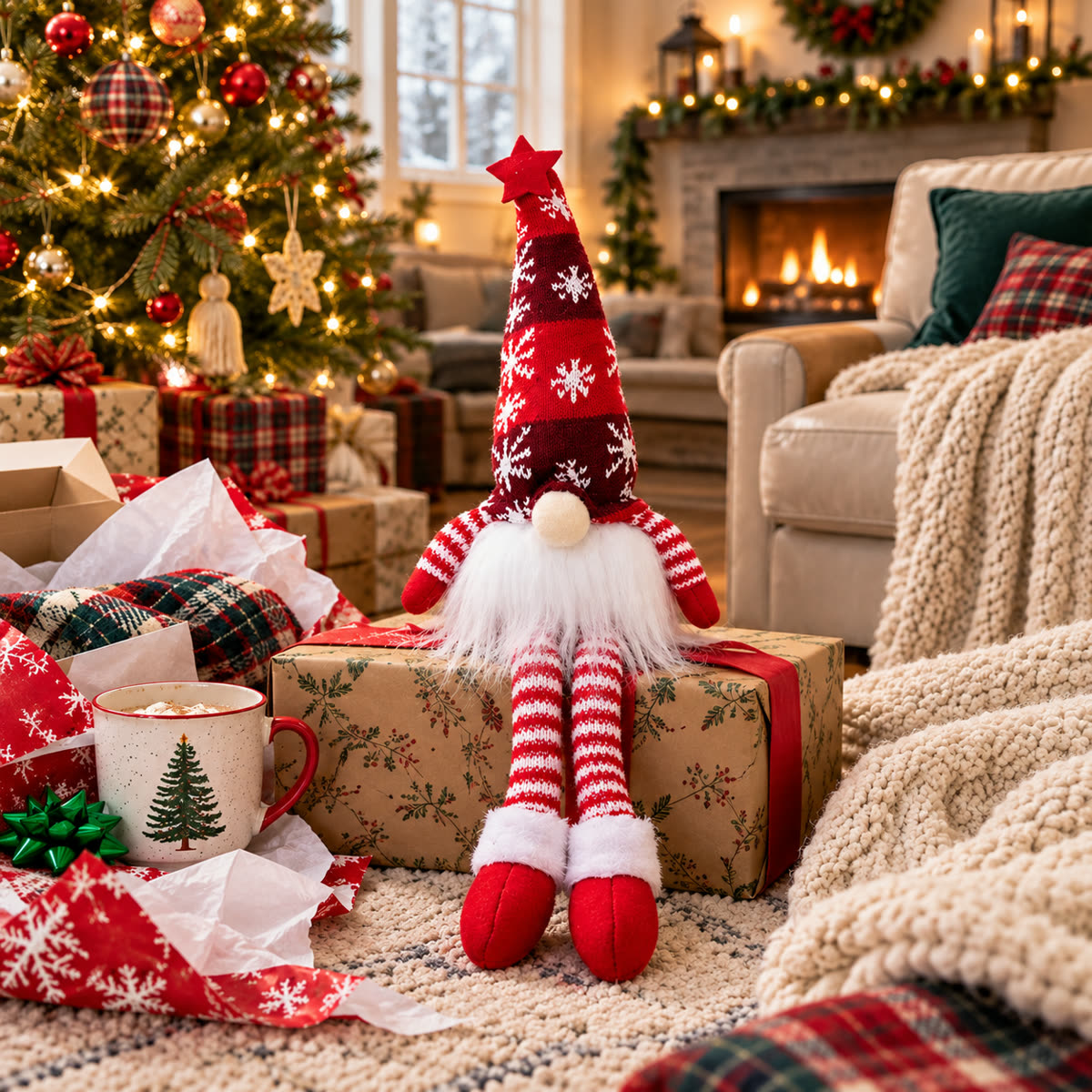 Red Christmas gnome doll displayed on a holiday gift in a cozy living room