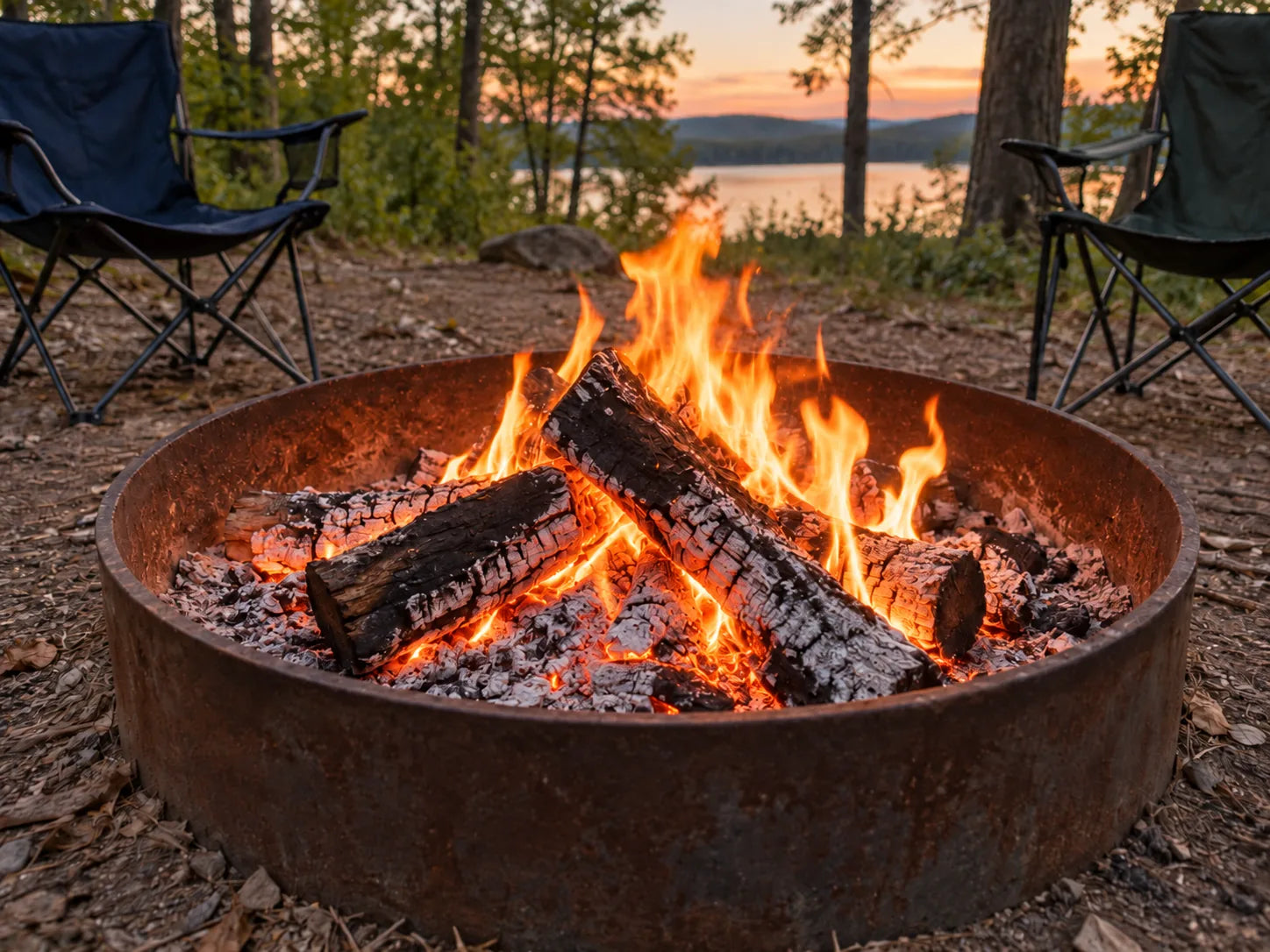 Bright campfire burning at a lakeside campsite