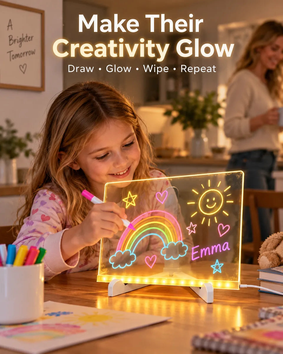 Child drawing on a glowing acrylic LED drawing board at home
