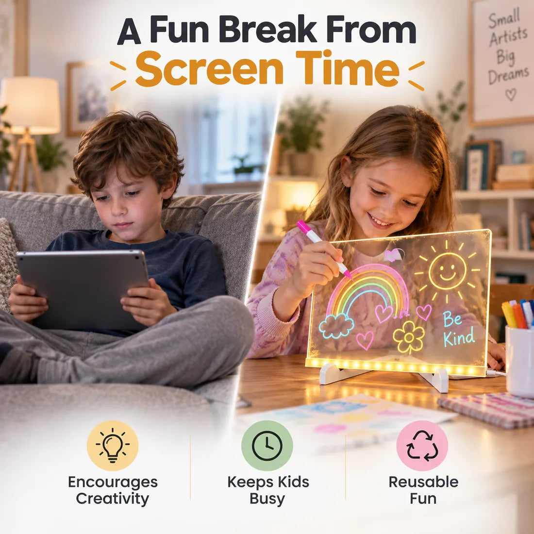 Screen time compared with a child drawing on an acrylic LED board