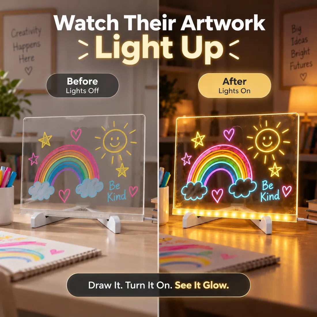 Before and after comparison showing acrylic drawing board lights off and lights on