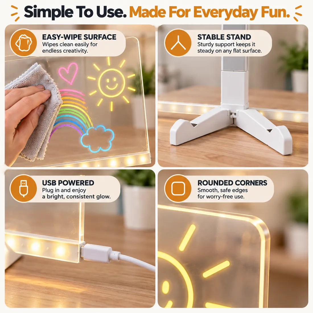 Acrylic LED drawing board details including easy-wipe surface stable stand USB power and rounded corners