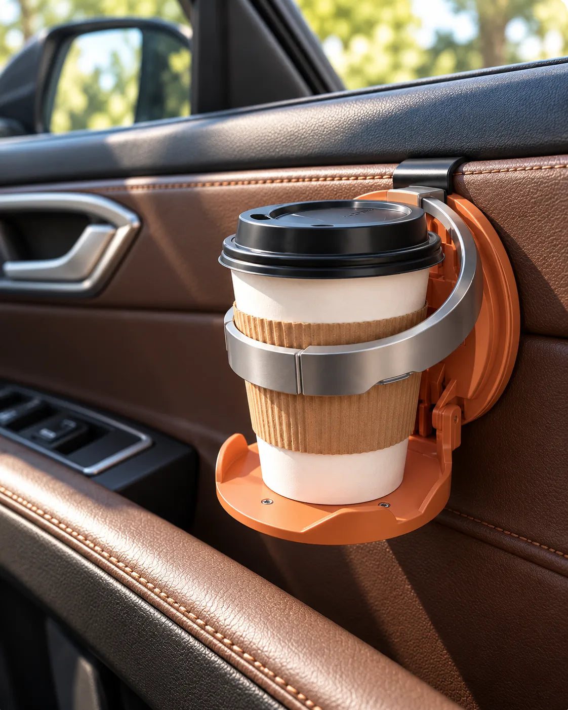 Orange folding cup holder clipped to a car door with a takeaway coffee