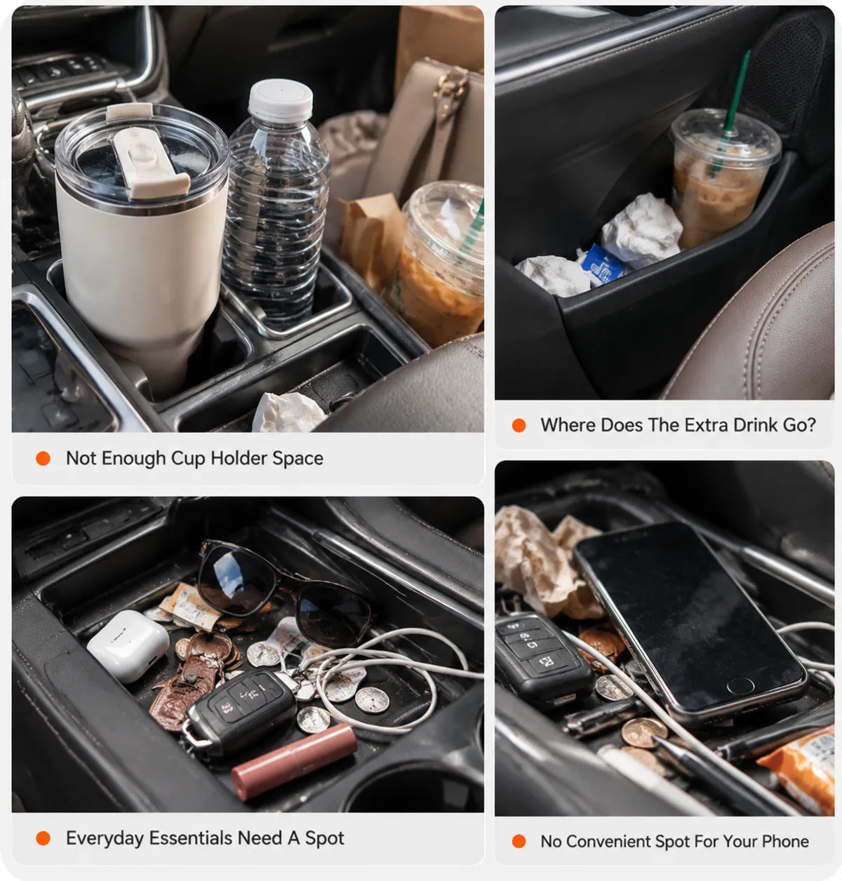 Crowded car cup holders and door pockets with drinks, keys and everyday essentials