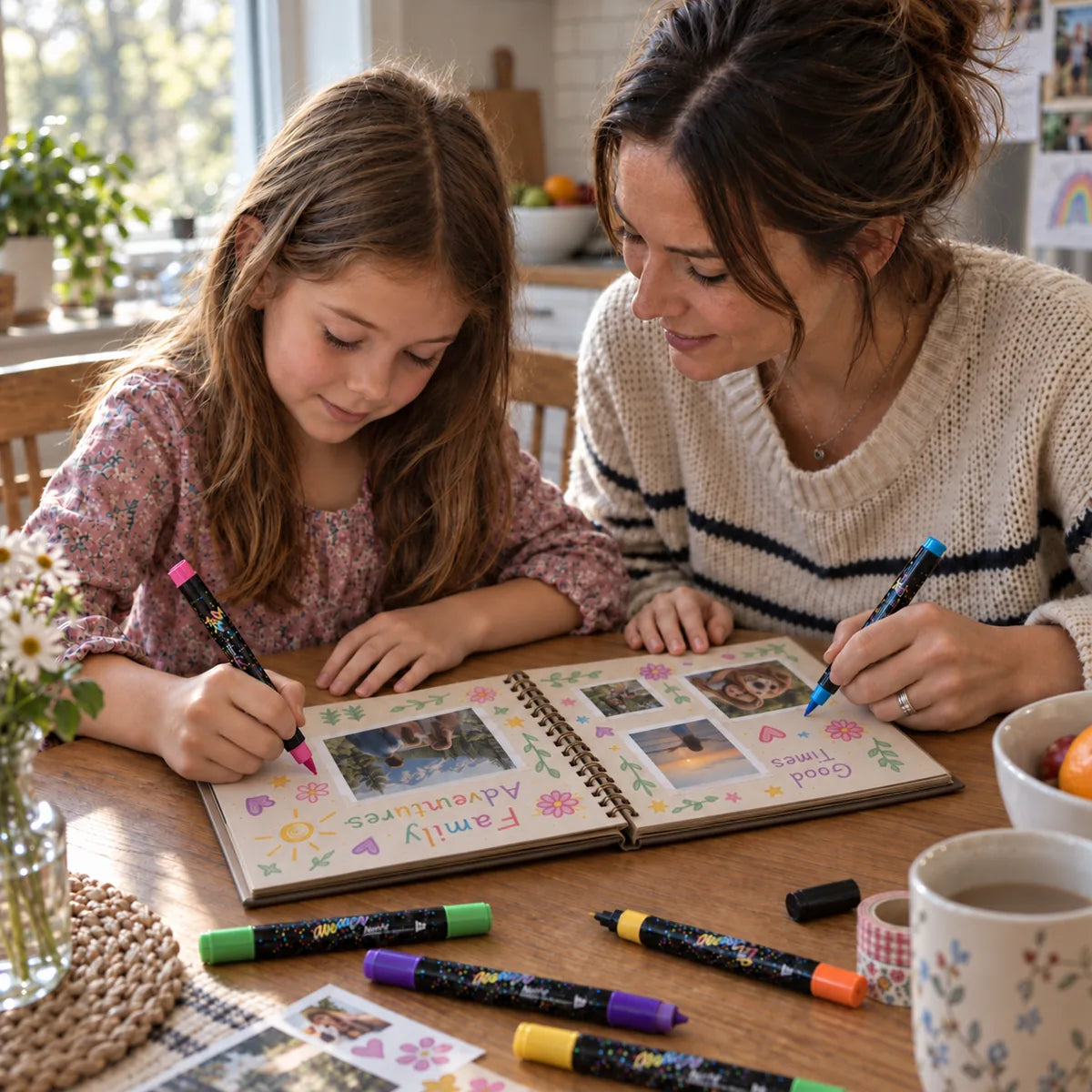 Parent and child using dual-tip glitter acrylic paint markers for colorful craft projects