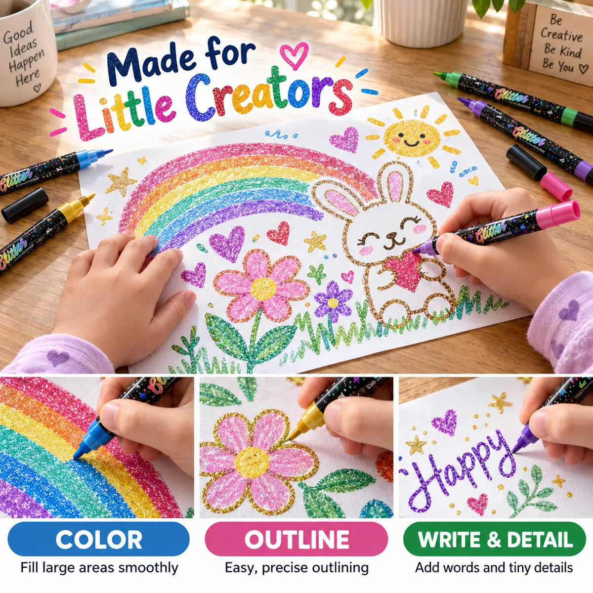 Dual-tip glitter markers showing color outline write and detail functions for little creators