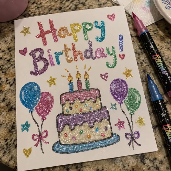 Handmade birthday card with glitter marker balloons and cake