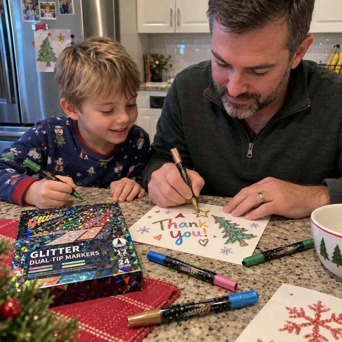 Father and son making a thank you card with glitter markers
