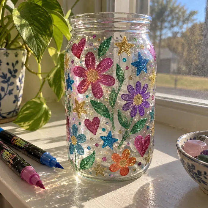 Glass jar decorated with glitter marker flowers and stars