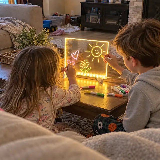 Two kids drawing glowing hearts and sunshine on an acrylic LED board