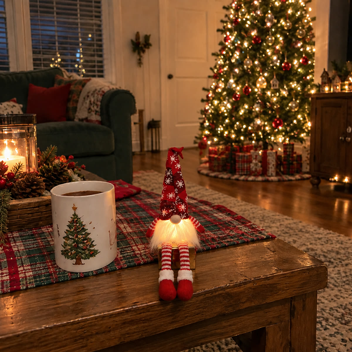 Customer photo of red glowing Christmas doll on a coffee table