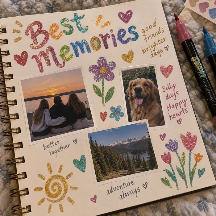 Scrapbook memory page decorated with glitter lettering and flowers