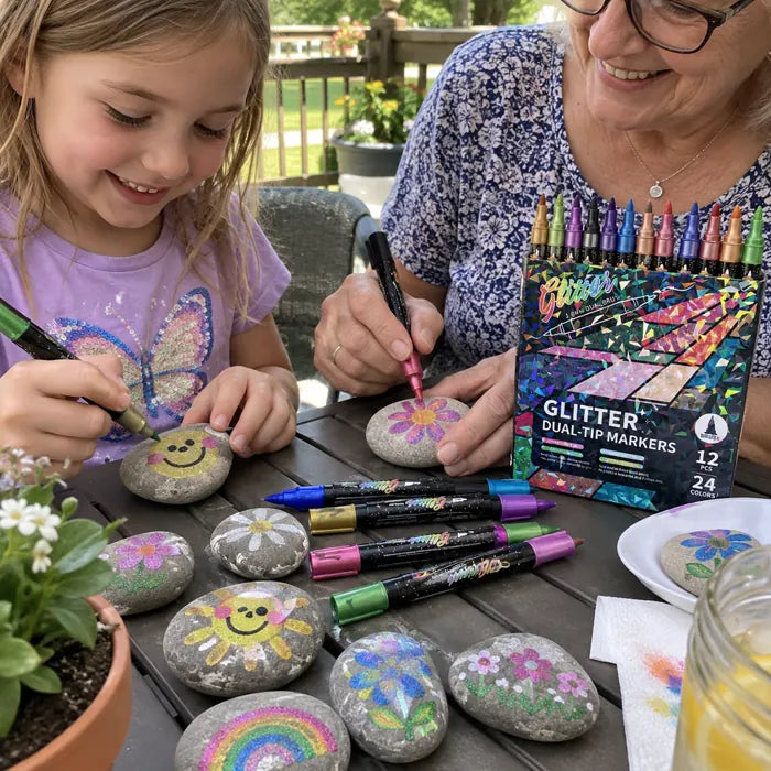 Grandmother and child painting smooth stones with glitter markers