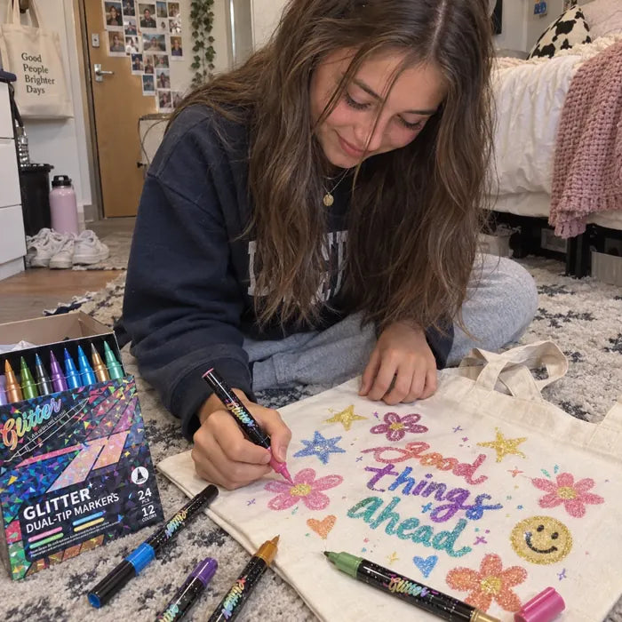 Teen decorating a tote bag with glitter marker flowers and lettering