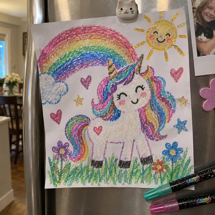 Child's unicorn glitter marker drawing displayed on a refrigerator