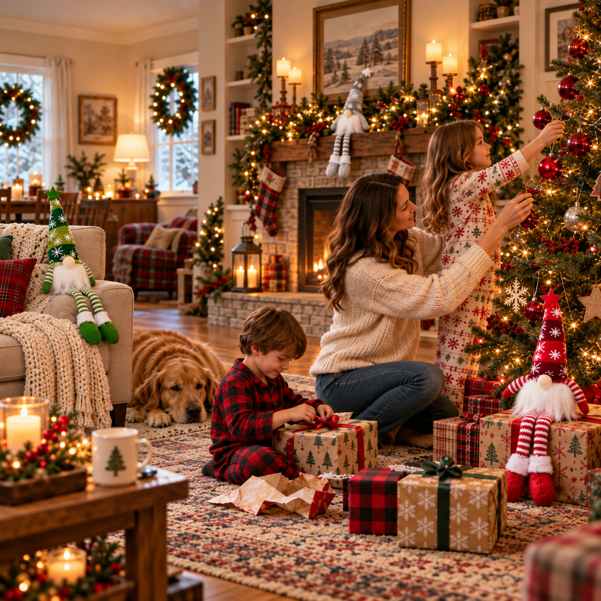 Cozy family living room decorated for Christmas with long leg festive dolls around the tree